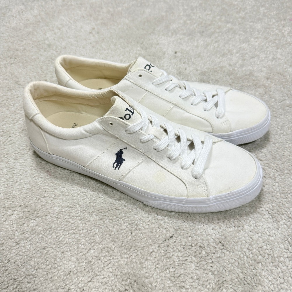 Polo Ralph Lauren Mens 12D Spiring Low Top Canvas Sneakers White Navy Pony